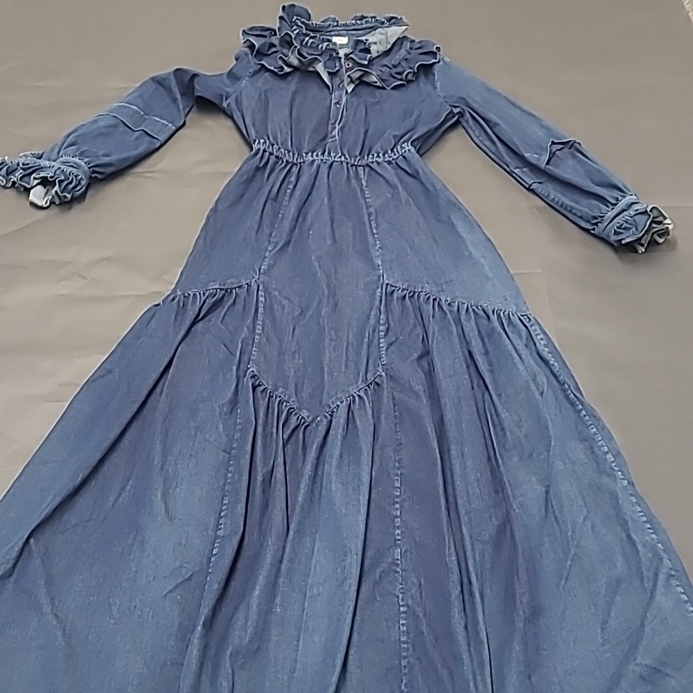 Warm Blue Denim Peasant Ruffle Lagenlook Maxi Dress Size 0